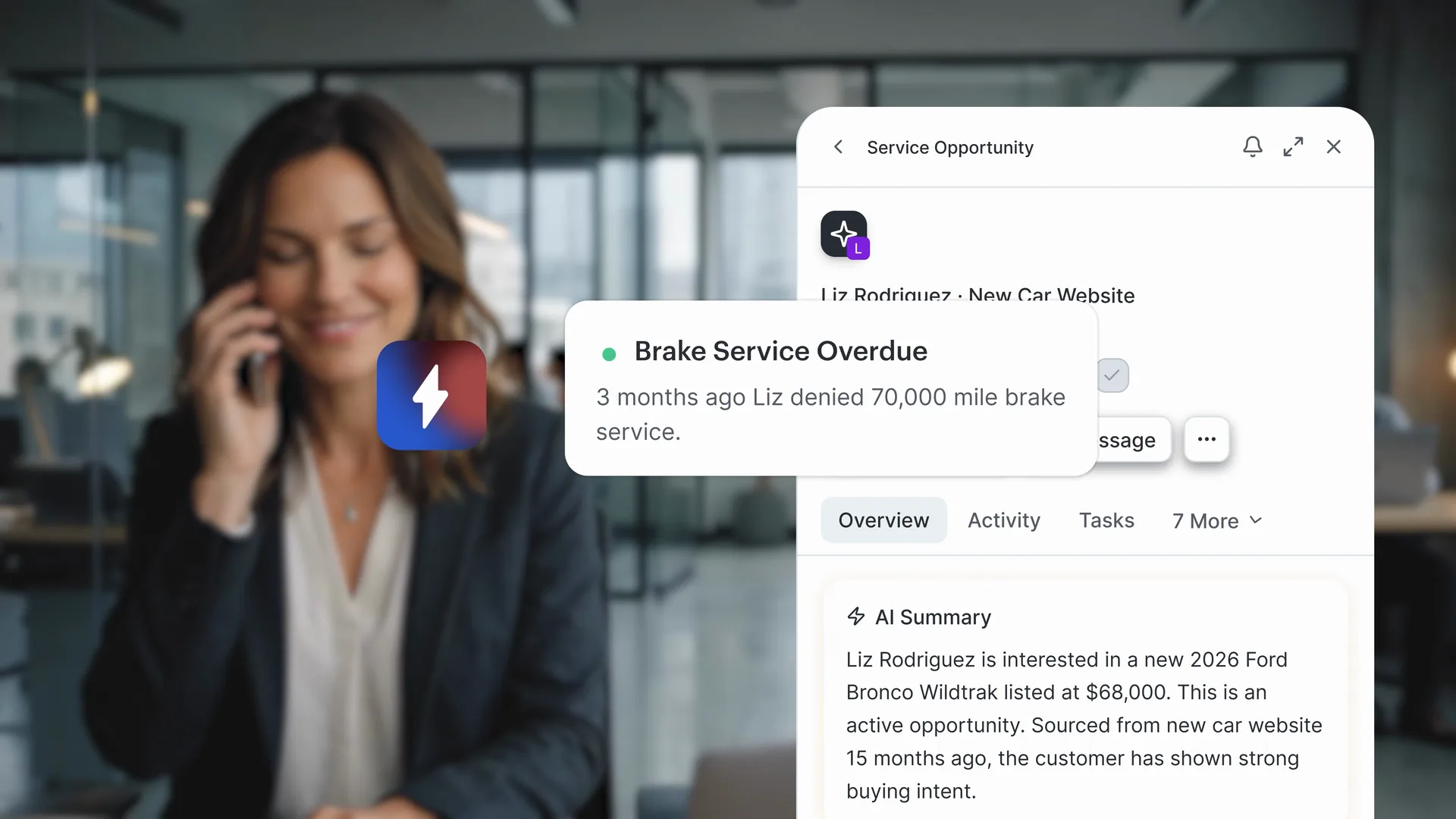 A salesperson on a call beside Jerry’s service opportunity summary