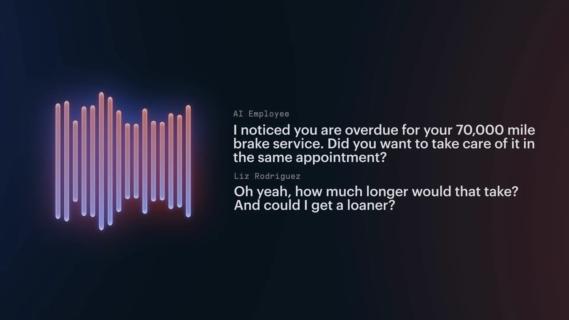 An AI voice call transcript over a glowing waveform