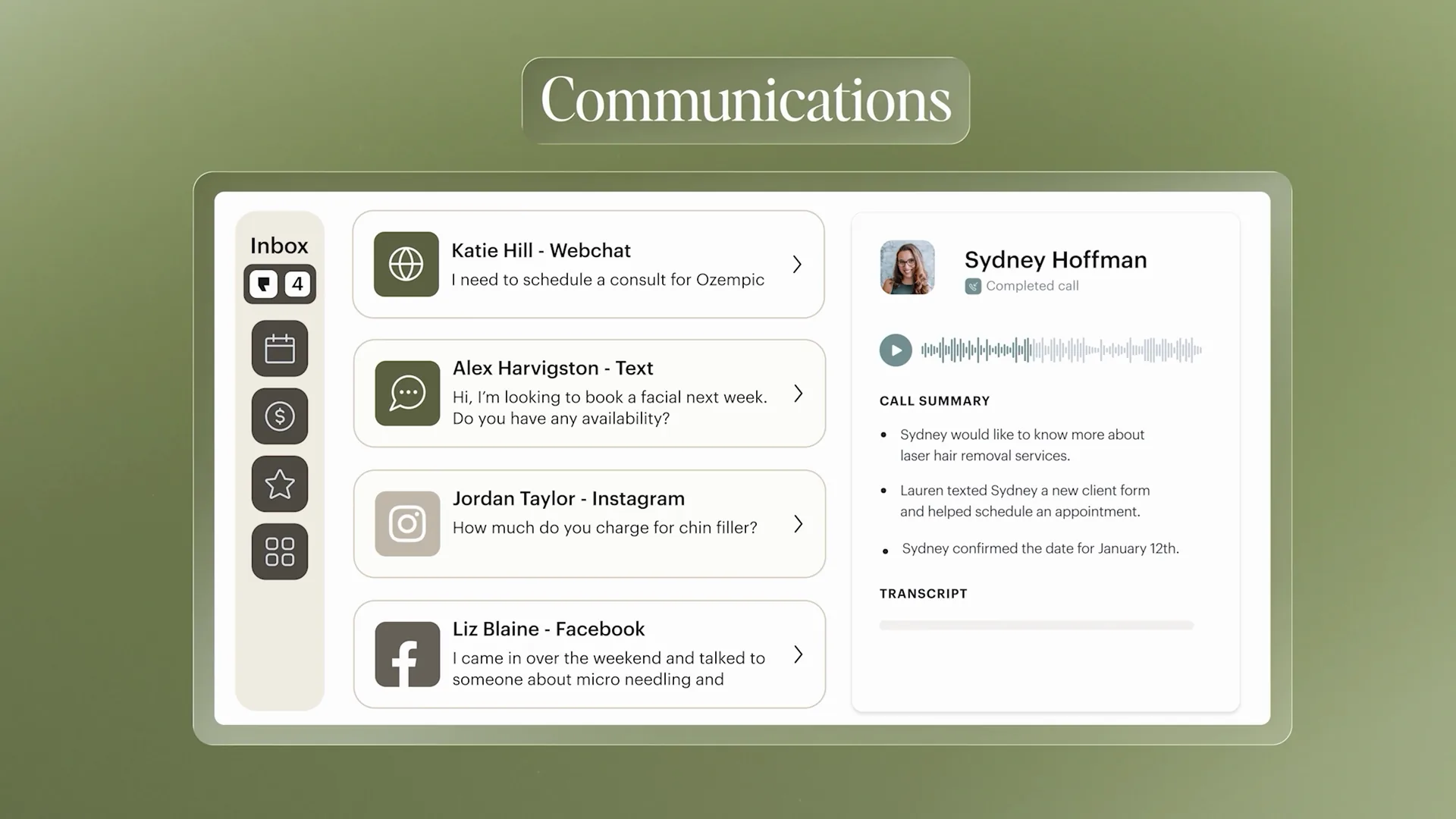 Communications inbox interface on a green background