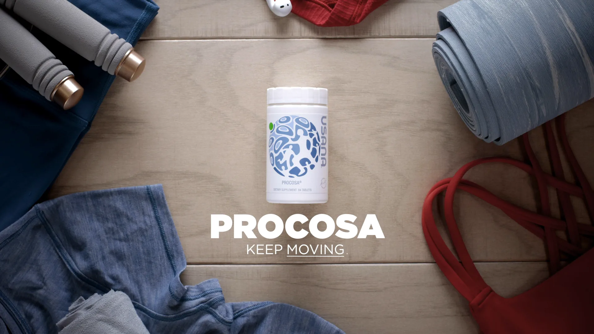 Procosa bottle among workout gear: Keep moving