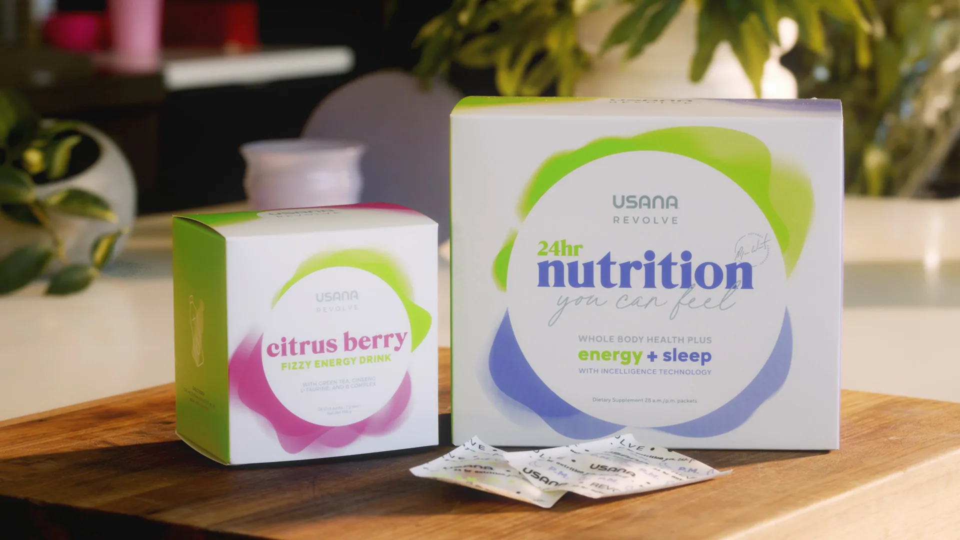 Revolve citrus berry and 24-hour nutrition boxes on a table