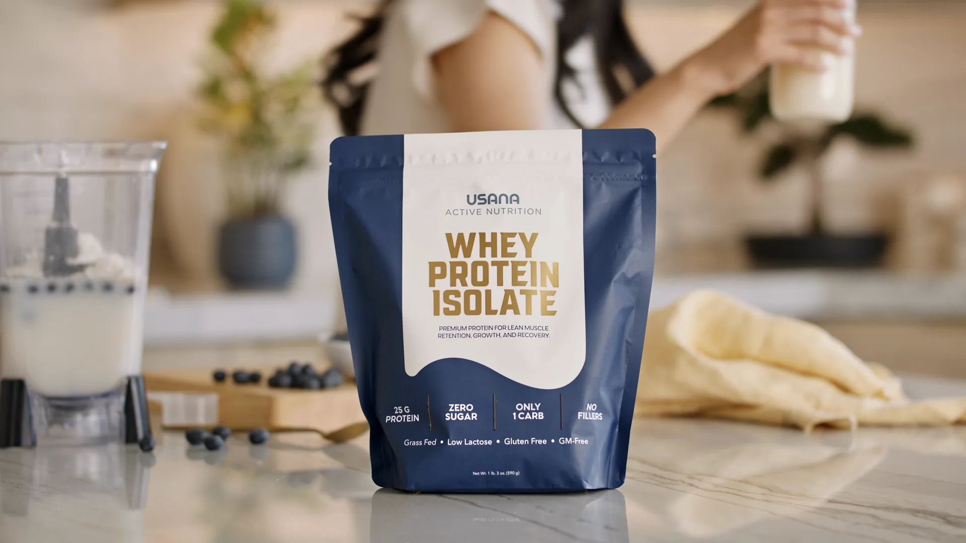 Whey Protein Isolate pouch on a kitchen counter